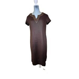 Chico’s Dress, Beaded Neckline, 100% Linen, Lined, Brown, Size 0 (S)